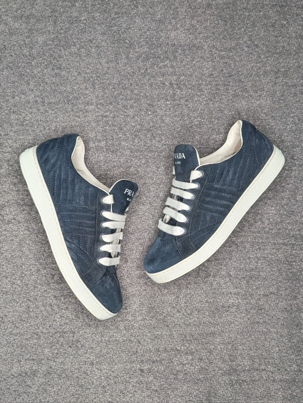 Prada Quilted Suede Lace-Up Sneaker Navy Blue Women's 7 - Picture 6 of 12